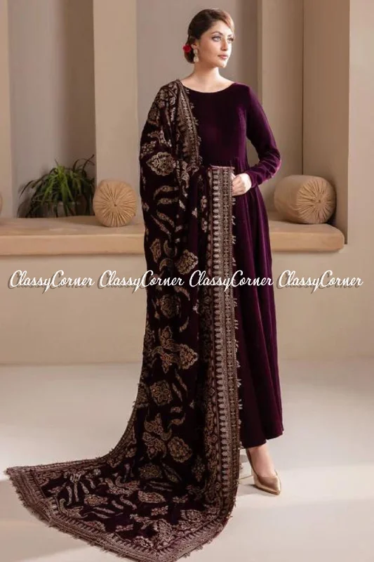 Pakistani Plum Golden Velvet Embroidered Shawl Color block unclassified dresses