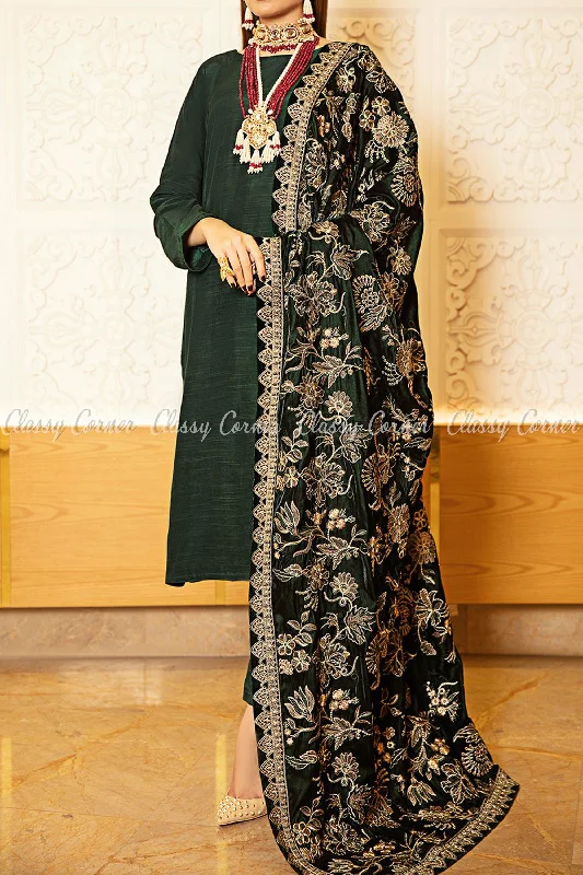 Pine Green Velvet Shawl Pakistani Formal Salwar Kameez Polka dot unclassified dresses