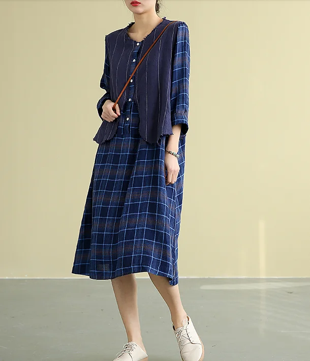 Plaid Summer  Spring 100%  Linen  Women loose Dresses DZA05195 Dark color unclassified dresses