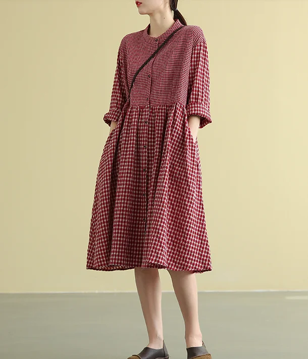 Plaid Summer  Spring Cotton Linen Women loose Dresses DZA05192 Holiday unclassified dresses