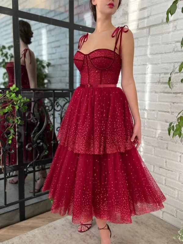 Pretty Sweetheart Neck Burgundy Layered Tea Length Prom Dresses, Burgundy Homecoming Dresses, Formal Evening Dresses SP2665 Vacation unclassified dresses