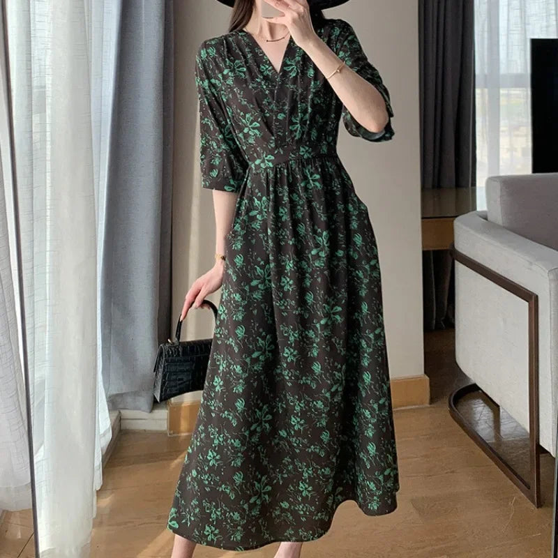 Printed Floral v Neck Dress Women Casual A-line floral dresses