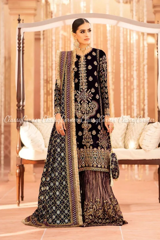 Purple Golden Velvet Embroidered Sharara Outfit Striped unclassified dresses