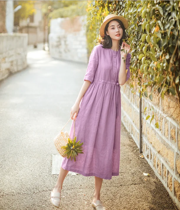 Purple Summer Cotton Linen Spring Women Dresses QJ05077 Color block unclassified dresses