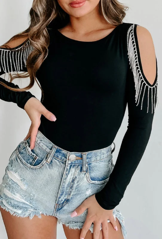 Rhinestone Fringed Cold Shoulder Bodysuit Lounge unclassified dresses