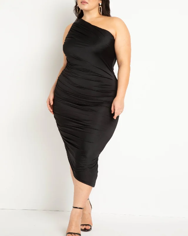 Ruched One Shoulder Dress- Black | Black Earthy tone unclassified dresses