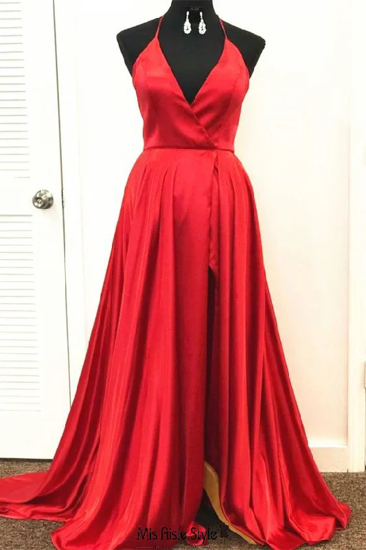 Sexy Backless Halter Neckline Red Slit Pageant Dress Sexy unclassified dresses