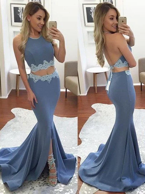 Sexy Mermaid Open Back Halter Neckline Slit Evening Dress Color block unclassified dresses