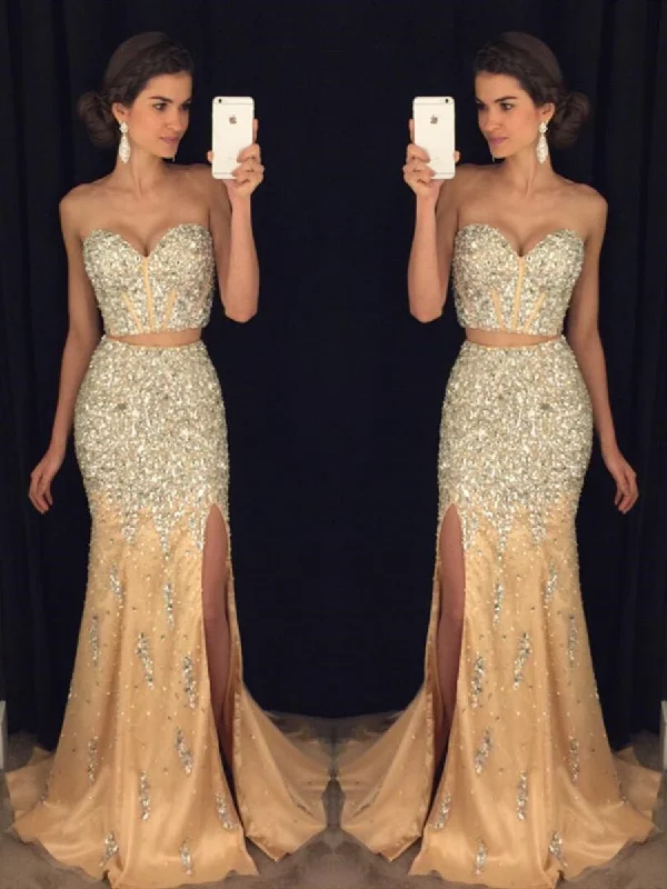 Sexy Sweetheart Neck Two Pieces Mermaid Beaded Champagne Prom Dresses 2019, Two Pieces Mermaid Champagne Formal Dresses, Evening Dresses Beach unclassified dresses