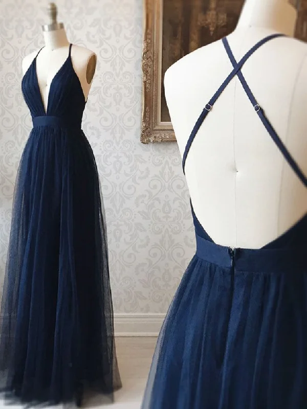 Simple A Line V Neck Backless Navy Blue Prom Dresses, Backless Navy Blue Formal Dresses, Evening Dresses Affordable unclassified dresses