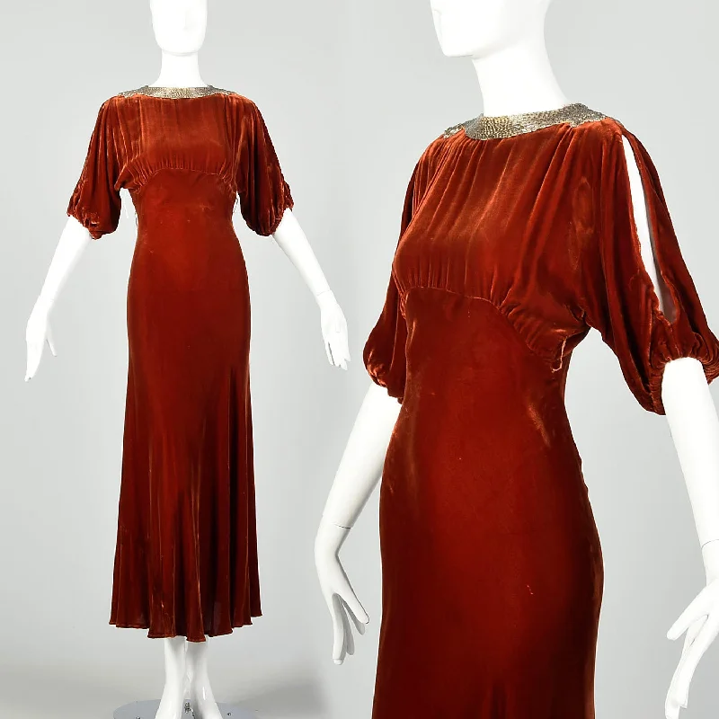 Small 1930s Silk Velvet Dress Tawny Glamorous Beaded Evening Gown Old Hollywood Polka dot unclassified dresses