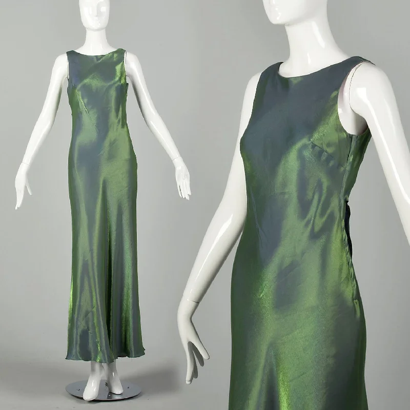 Small 1990s De Laru Prom Dress Iridescent Green Bias Cut Sleeveless Gown Winter unclassified dresses