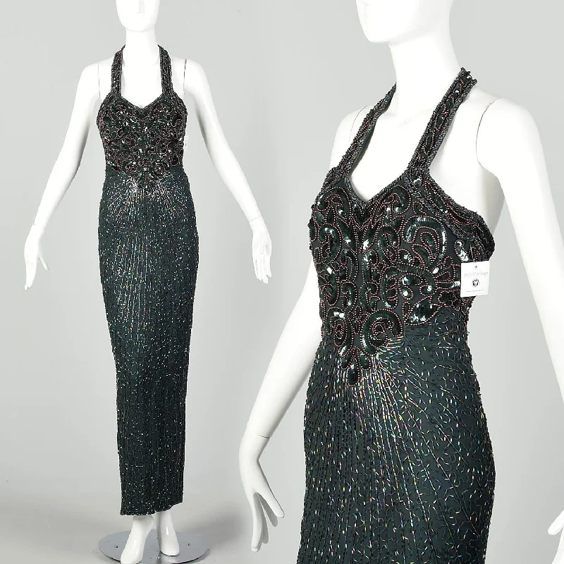 Small 1990s Halter Dress Forest Green Bugle Beaded Evening Gown Satin unclassified dresses