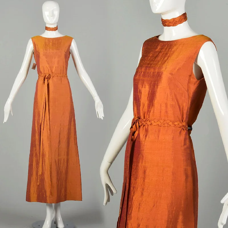 Small 1990s Orange Red Gold Silk Dupioni Sharkskin Dress with Belt and Accessories Y2K unclassified dresses