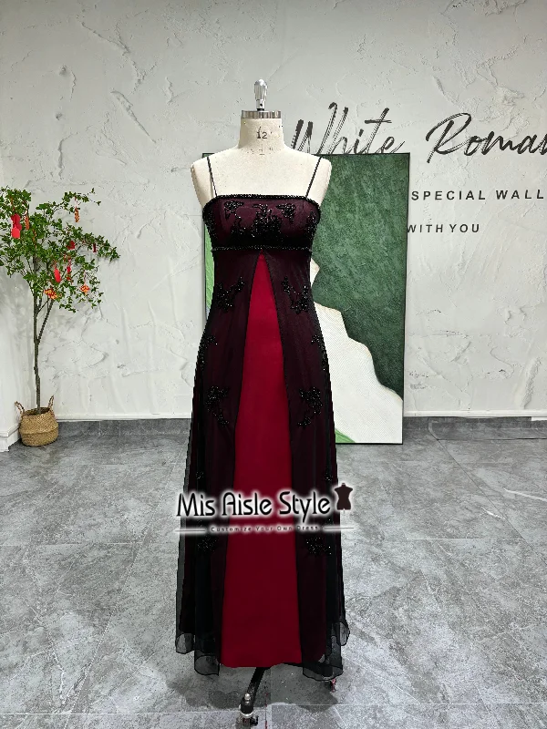 Square Neckline Black and Red Beaded Prom Dress Lounge unclassified dresses