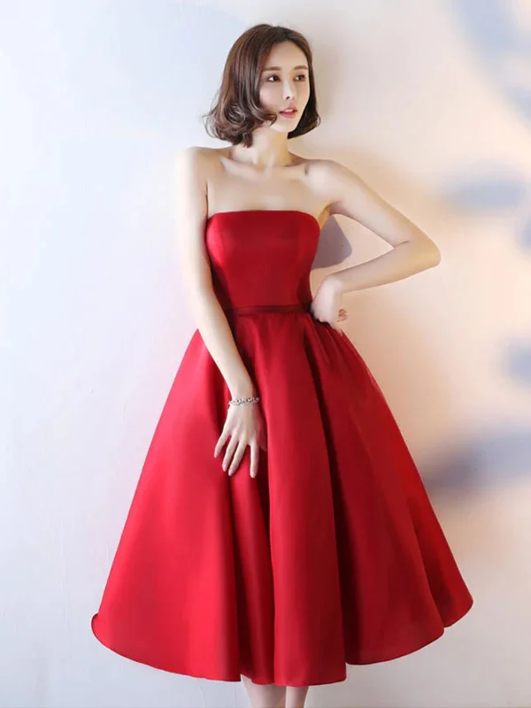 Strapless Red Tea Length Prom Dresses, Red Homecoming Dresses, Tea Length Formal Evening Dresses SP2707 Designer unclassified dresses