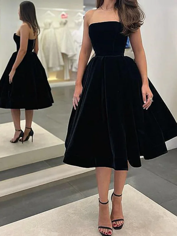 Strapless Tea Length Black Velvet Prom Dresses, Black Velvet Homecoming Dresses, Black Formal Evening Dresses SP2461 Bodycon unclassified dresses