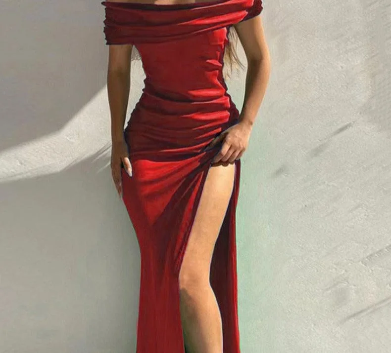 Summer Off Shoulder Elegant Sexy High Slit Evening Dresses Women Solid Luxury unclassified dresses