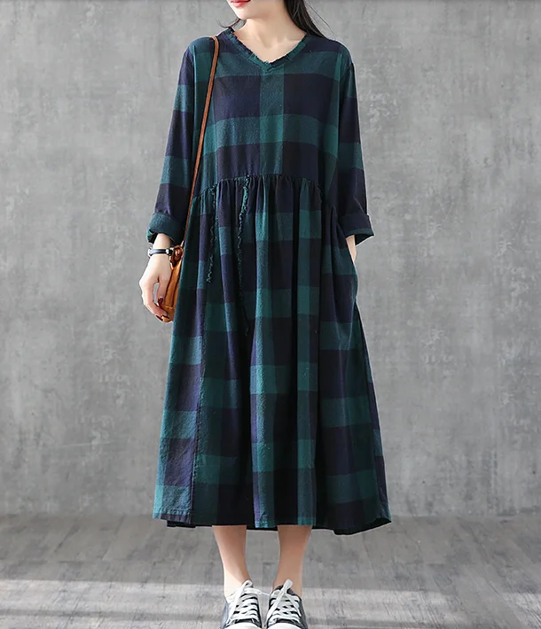 Plaid Summer Spring Dresses Cotton Linen Women loose Style V Neck   DZA05244 Affordable unclassified dresses