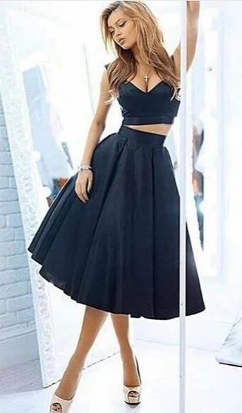 Tea Length Two Pieces Navy Blue Off Shoulder Sleeves Homecoming Dresses Lace unclassified dresses