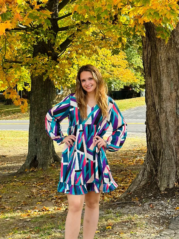 Teal Mix Print Babydoll Dress w/ V-Neck and Pockets Beach floral dresses