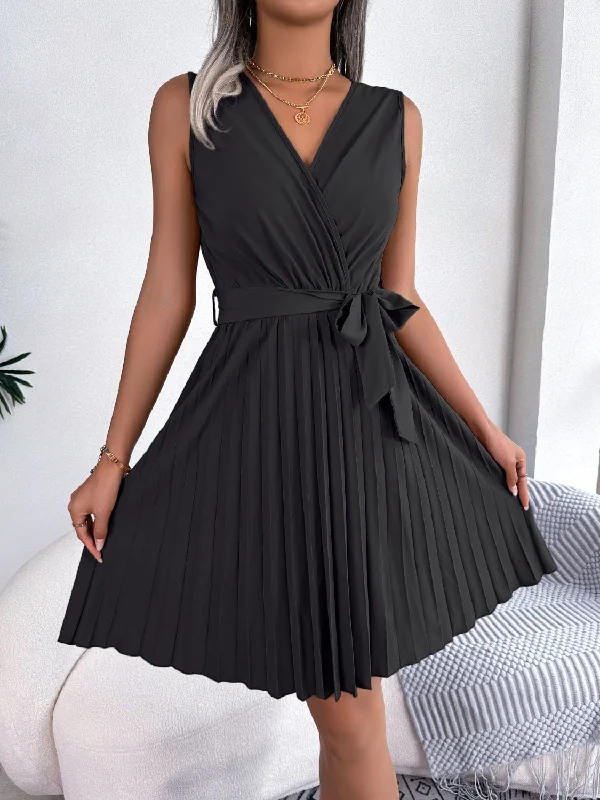 Tied Surplice Sleeveless Pleated Dress Ruffled unclassified dresses