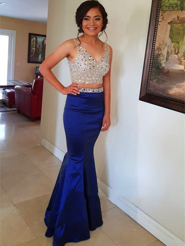 Two Pieces Beaded Mermaid Royal Blue Prom Dresses, Royal Blue Formal Dresses With Beadings Affordable unclassified dresses