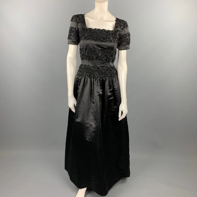 Vintage OSCAR DE LA RENTA Size 4 Black Beaded Satin Polyester Evening Gown Chic unclassified dresses