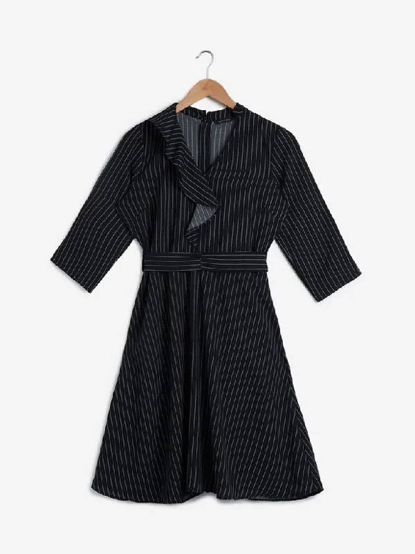 Wardrobe Black Striped Dress with Belt Club unclassified dresses