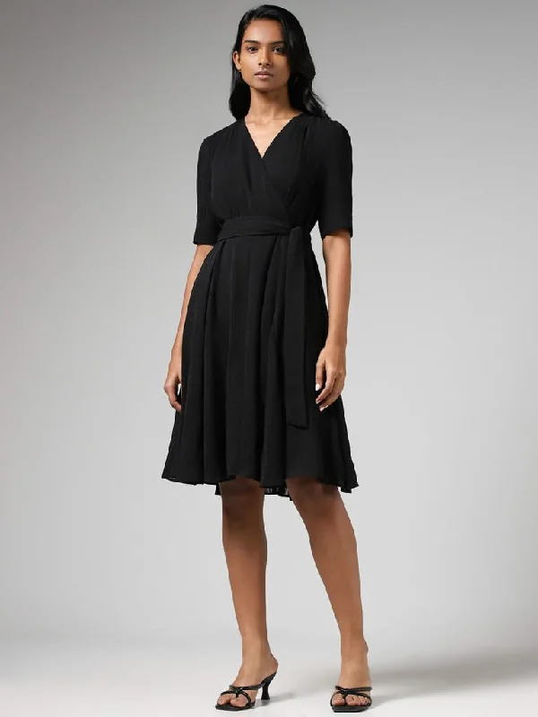 Wardrobe Black Surplice Neck Dress with Belt Popular unclassified dresses