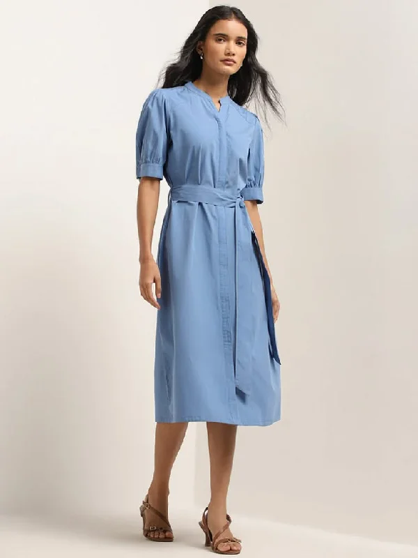 Wardrobe Blue Straight Dress with Belt Satin unclassified dresses