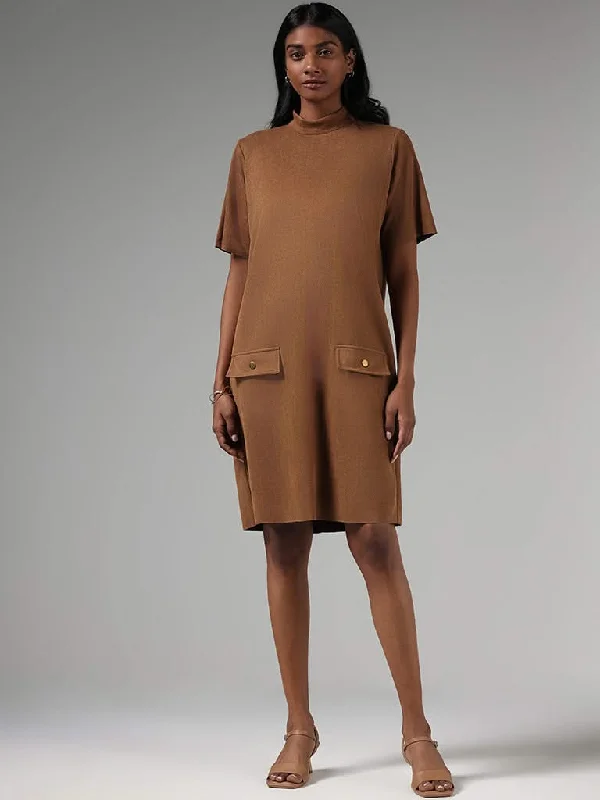 Wardrobe Brown Suede Shift Dress Ruffled unclassified dresses