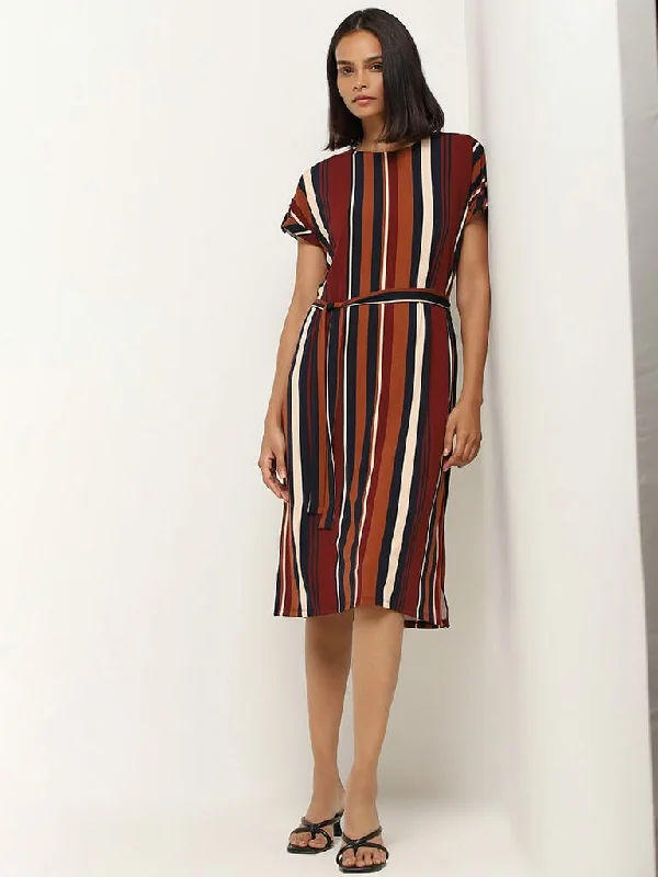 Wardrobe Multicolor Striped Cotton Blend Dress with Belt Preppy unclassified dresses