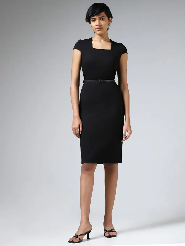 Wardrobe Solid Black Dress With Belt Satin unclassified dresses