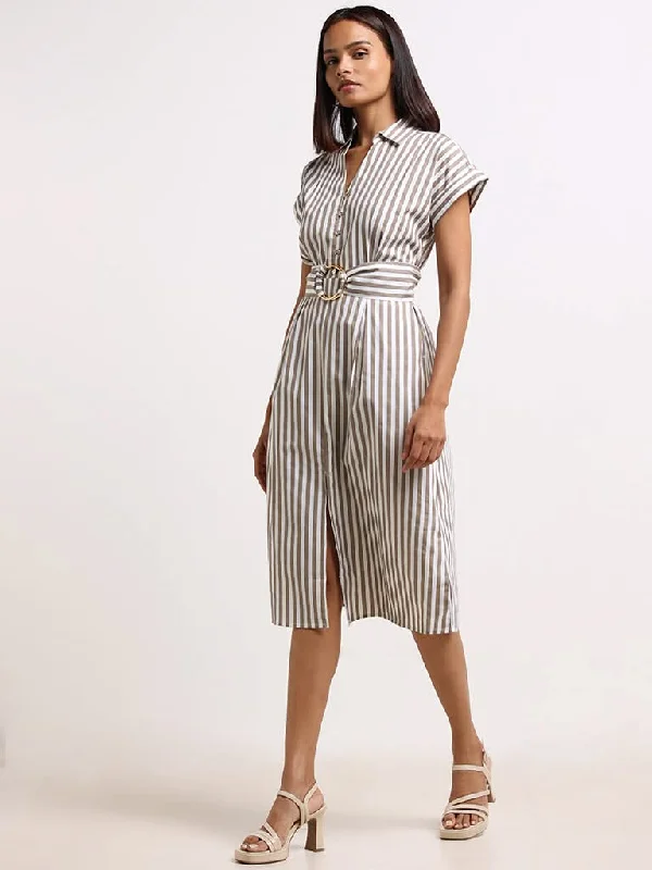 Wardrobe Taupe Striped Cotton A-Line Dress Flowy unclassified dresses