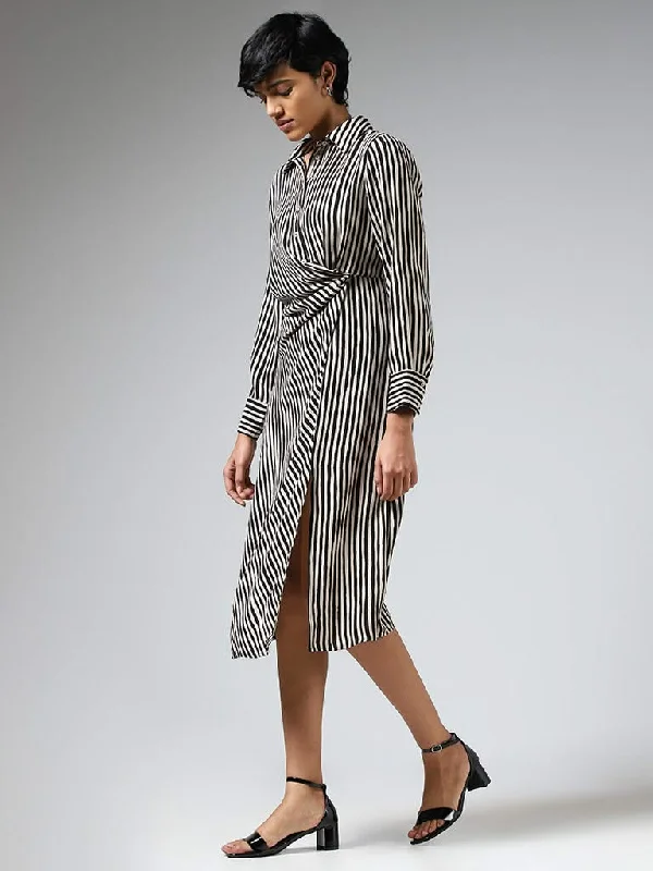 Wardrobe White & Black Striped Draped Detail Dress Short unclassified dresses