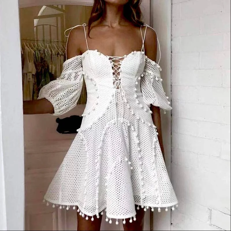 White Mesh and Pom Pom Panel Dress Street style unclassified dresses