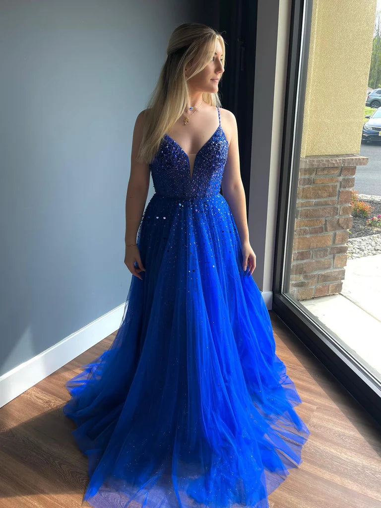 Wholesale V Neck Open Back Beaded Blue Prom Dresses Club unclassified dresses