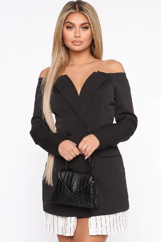 Working Hard Off Shoulder Blazer Dress - Black/White Stretchy unclassified dresses