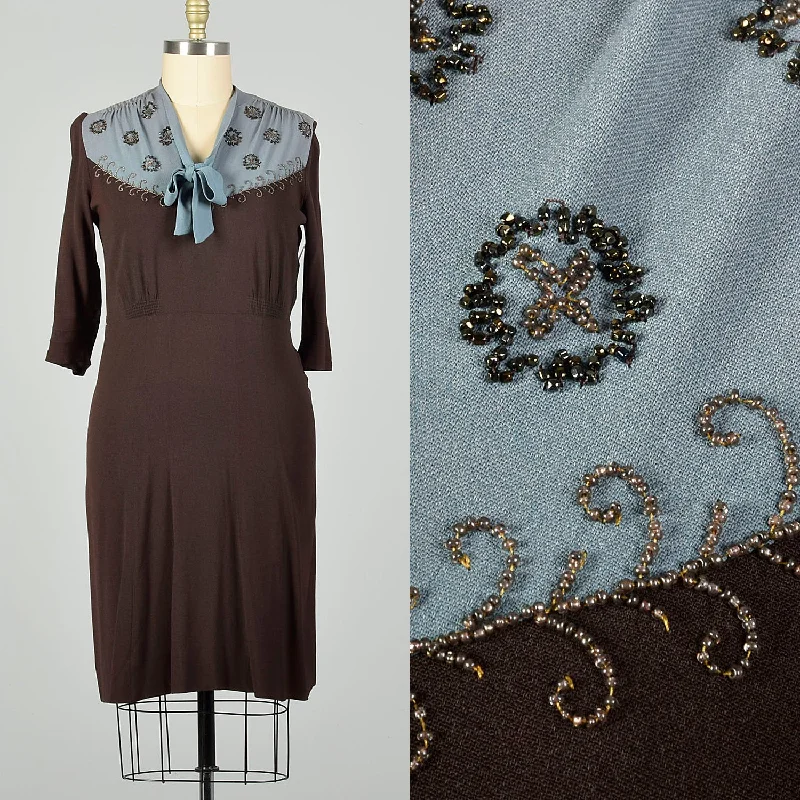 XL 1940s Dress Blue and Brown Volup Rayon with Beading Flowy unclassified dresses