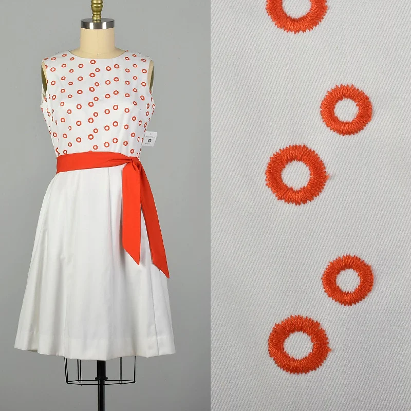 XL 1960s Pat Premo Dress White with Orange Embroidery and Bow Stretchy unclassified dresses