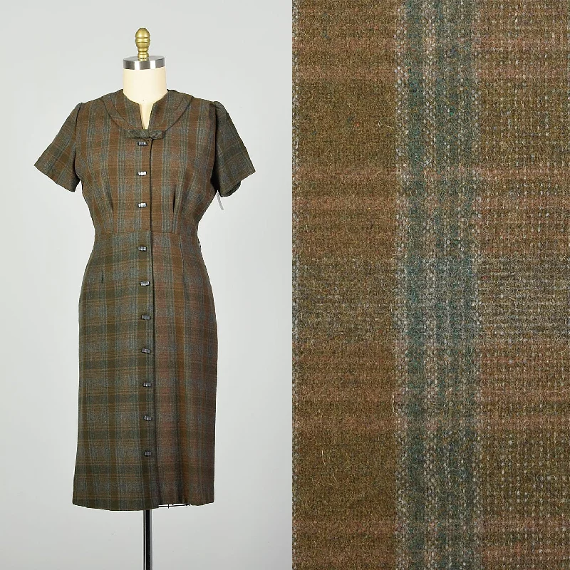 XL-XXL 1950s Wool Button-up Dress Green and Brown Plaid Button-up Wrap unclassified dresses