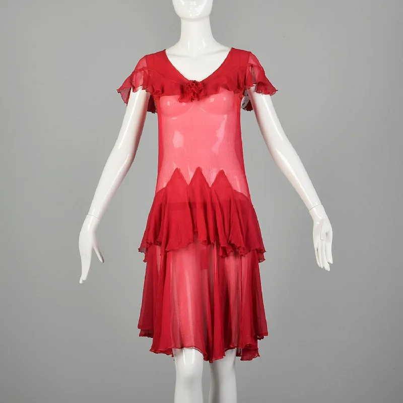 XXS 1920s Flapper Dress Crinkle Red Silk with Flirty Ruffles Holiday unclassified dresses