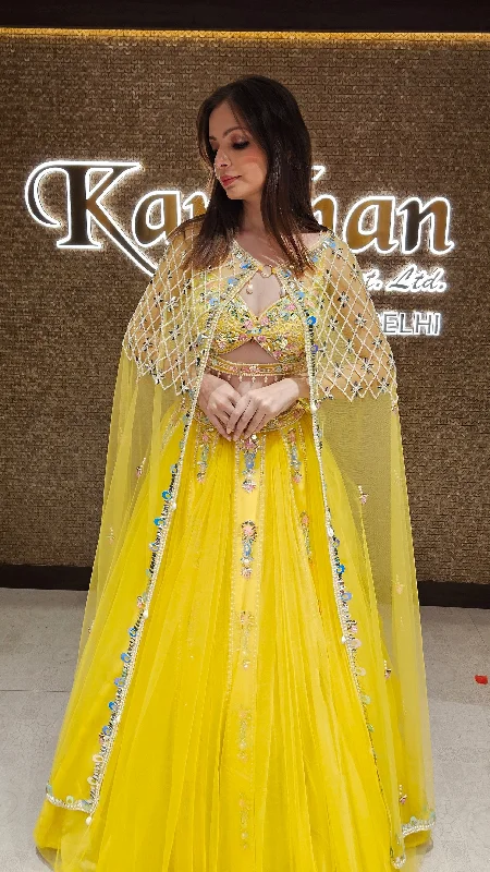 Yellow Lehenga Choli with Embroidered Cape Bodycon unclassified dresses