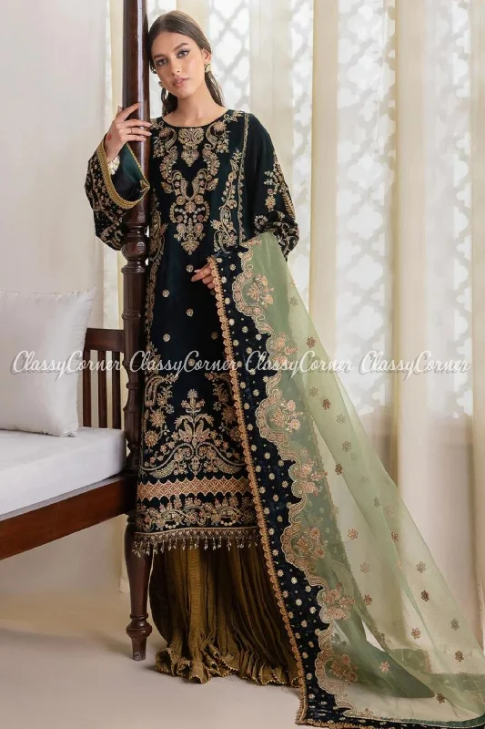 Zinc Green Golden Velvet Embroidered Sharara Outfit Unique unclassified dresses