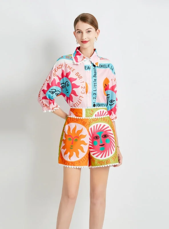 Sun Printed Loose Short-sleeved Shirt and Shorts Suit Skater Mini Skirt