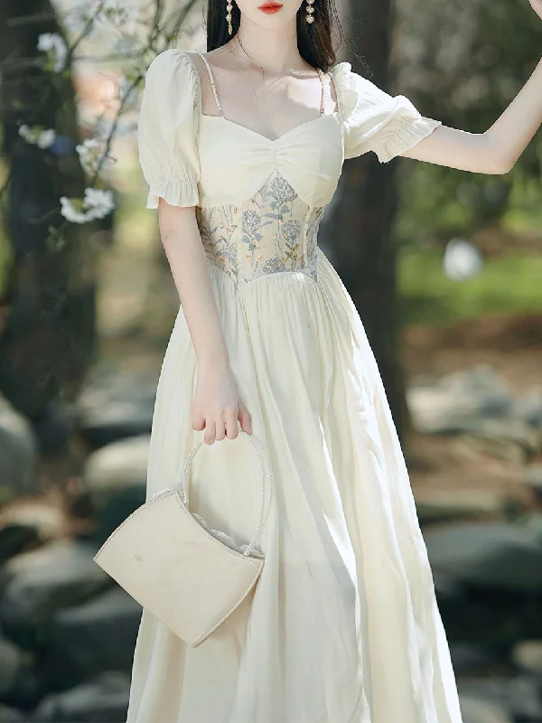 Apricot Lace V Neck Puff Sleeve Corset Edwardian Revival Dress Lace Bridesmaid Dress