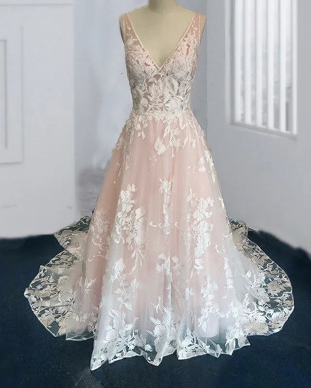 Blush Tulle Wedding Dresses Ivory Lace V Neck Lace High Neck Dress