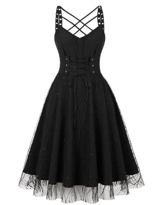 Halloween Rivet Strap Lace 1950S Vintage Swing Dress Lace Mini Dress