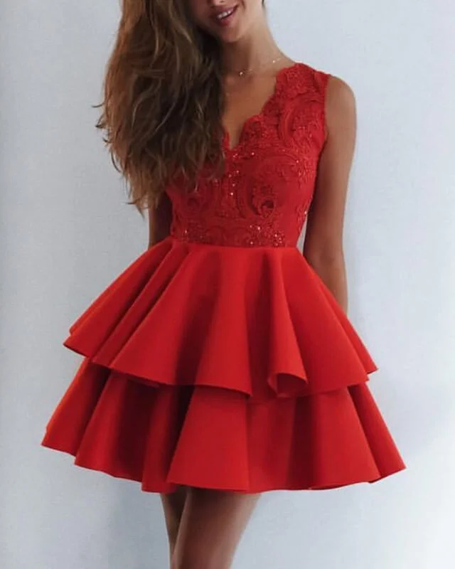 Short Red Lace V Neck Ruffles Satin Cocktail Dress Lace Dress Trend